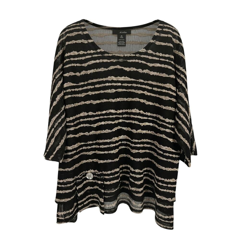 Ali Miles Womens 2X Artsy Eclectic Modest Minimalist Mesh Striped‎ Button Blouse